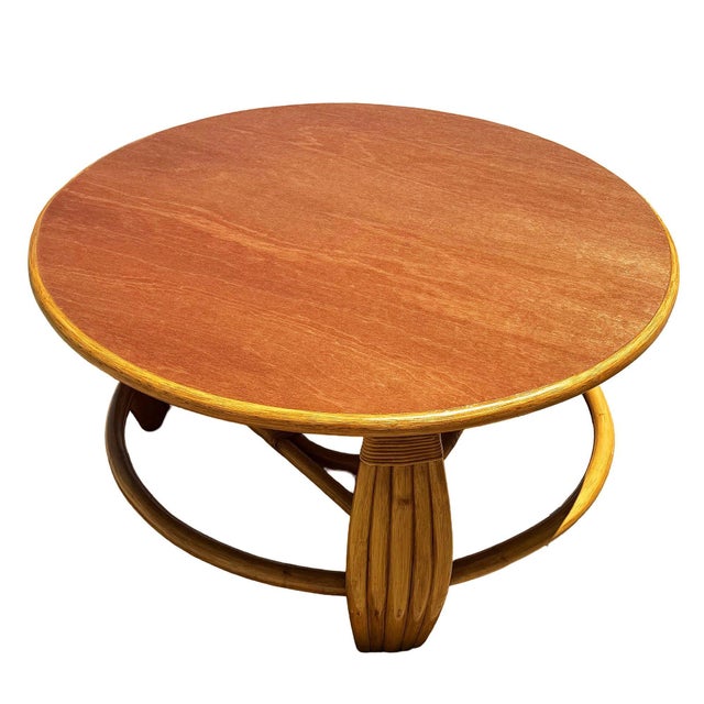 Mid-Century Modern 1950s Restored Mid-Century Five-Pole Rattan & Mahogany Coffee Table W/ Tri-Corner Base For Sale - Image 3 of 10