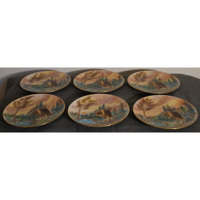 Circa 1900 American Impressionist Style Forest Cabin Landscape Motif Painted Porcelain Gilded Rim Appetizer Plates- Set of 6 For Sale In New Orleans - Image 6 of 9