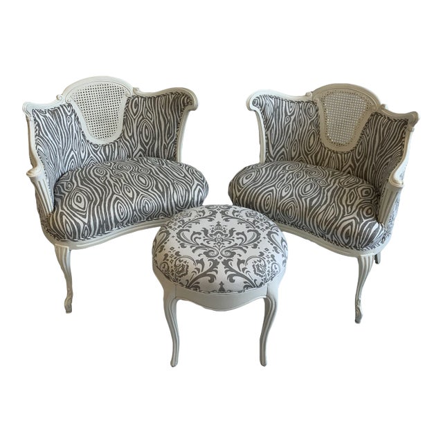 Antique French Bergere Chairs and Ottoman Set- 3 Pieces For Sale