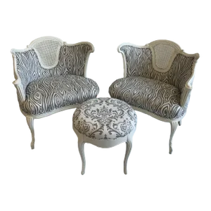 Antique French Bergere Chairs and Ottoman Set- 3 Pieces