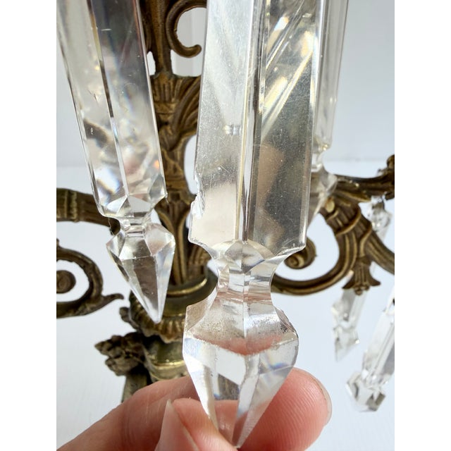 Antique Brass Soldier Victorian 3 Arm Girandole Candlestick With Marble Base & Prisms For Sale - Image 11 of 17