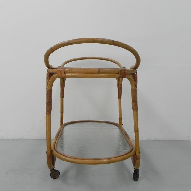 Bamboo Rattan Serving Trolley on Castors, 1950s For Sale - Image 11 of 18