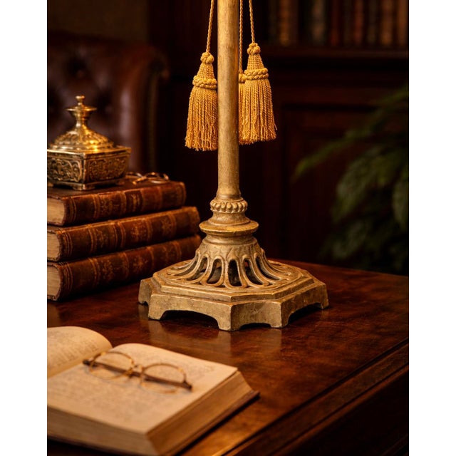 Champagne Vintage Hollywood Regency Cast Iron Table Lamp With Beaded Fringe Shade & Dual Tassels – 38” Tall For Sale - Image 8 of 12