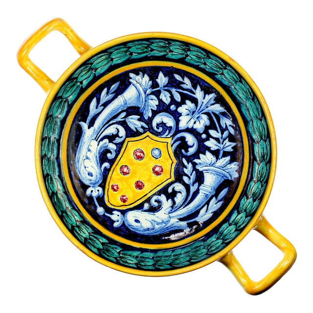 Early 20th Century Multi Color Low Ceramic Dish With Handles For Sale