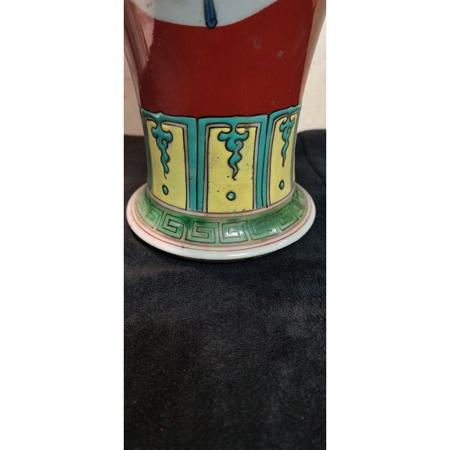 Red Chinese Ceramic Pot Qing Dynasty Kangxi Marked Red Ground Famille Verte Porcelain Ginger Jar Hand Painted Figures Story Pattern For Sale - Image 8 of 10