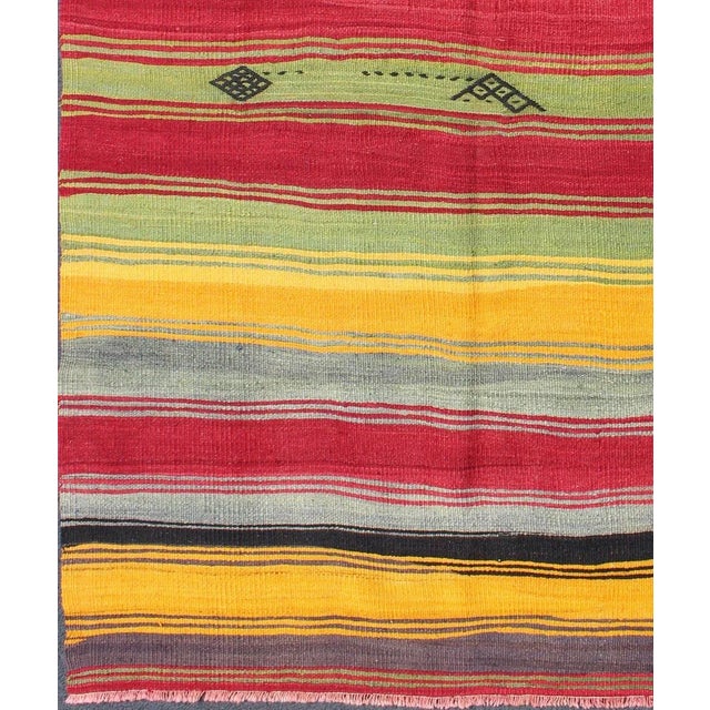 Mid 20th Century Bright & Colorful Vintage Turkish Kilim Rug in Stripes Design With Vivid Colors For Sale - Image 4 of 11