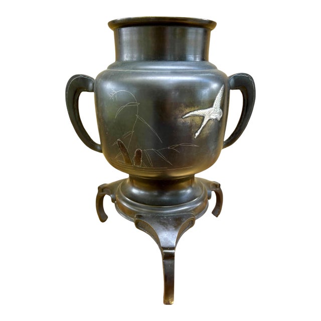 Antique Japanese Bronze Usubata Vase – Meiji Period, Crane and Bamboo Inlay. For Sale