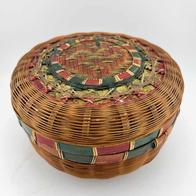 Antique Round Lidded Painted Wicker Sewing Basket With Red & Green Decoration For Sale In Oklahoma City - Image 6 of 6