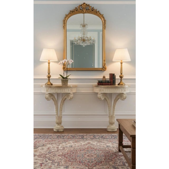 Late 18th Century Pair of Neoclassical-Style Demi-Lune Console Tables With Faux Marble Tops For Sale - Image 5 of 5