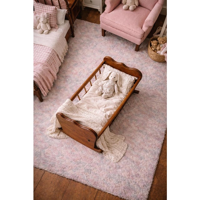 Antique Wooden Doll Bed— Spindle-Side Rocking Bed in Old Chapel Walnut Finish, Decorative Nursery Display Piece For Sale In Los Angeles - Image 6 of 8