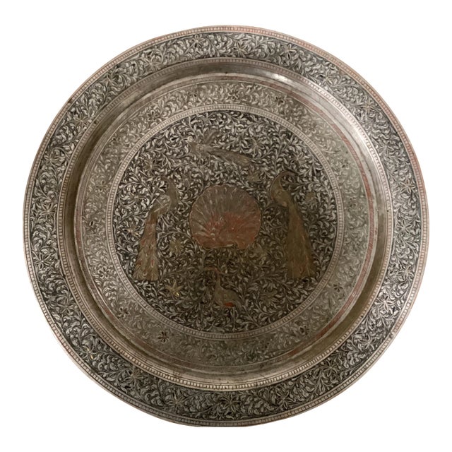 Mid Century Large Engraved Tinned Copper Round Tray For Sale