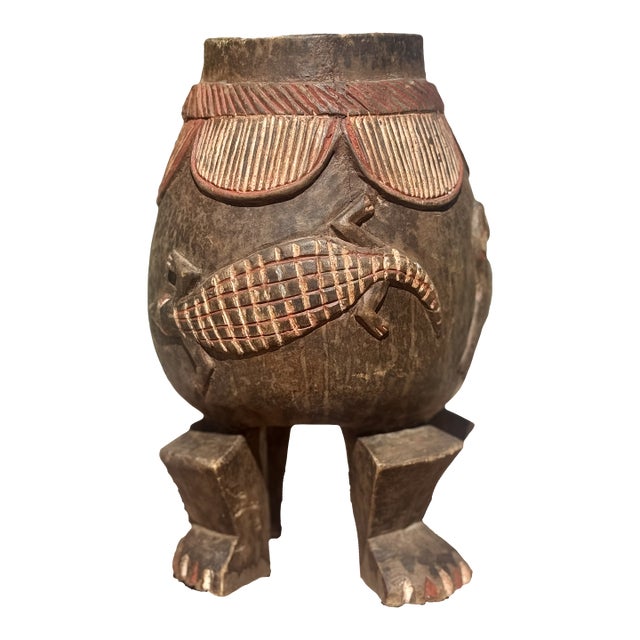 Senoufo Ivory Coast Ritual Vessel With Carved Zoomorphic Figures Mortar on Human Feet With Red Ochre For Sale