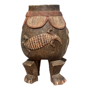 Senoufo Ivory Coast Ritual Vessel With Carved Zoomorphic Figures Mortar on Human Feet With Red Ochre