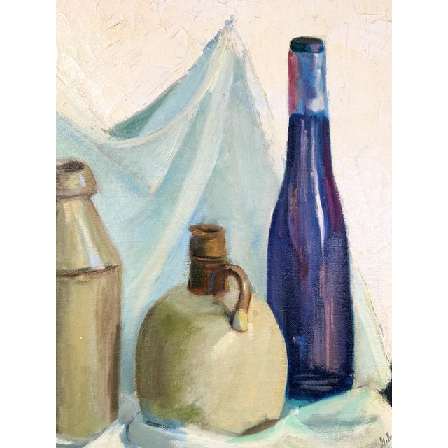 Vintage Original Oil Painting Still Life Bottles Jugs, Framed Art, Canvas, Blue For Sale - Image 4 of 11