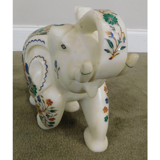 Large Vintage Marble Elephant Figurine Inlaid With Malachite