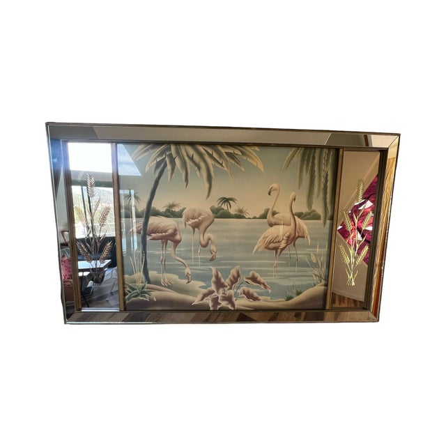 Printmaking Materials Vintage Art Deco Mid Century Rare Turner Wall Mirror Flamingo Art Painting 1940s Lithograph For Sale - Image 7 of 12