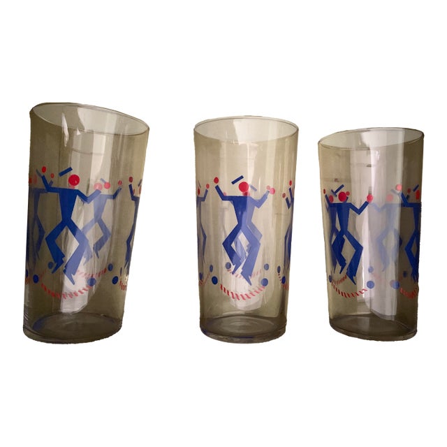 1940s Swanky Swig Blue Dancing Stick Figure Sailors on Tumbler Glass- Set of 3 For Sale