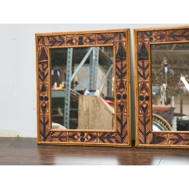 Pair of Painted Wood Mirrors with Bamboo Frames and Tribal Motif Detailing For Sale - Image 11 of 12