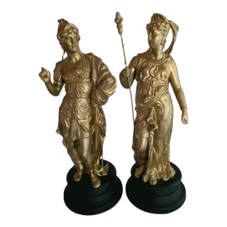 Antique 19th Century Pair of Gilded Sculptures of Mars and Minerva For Sale