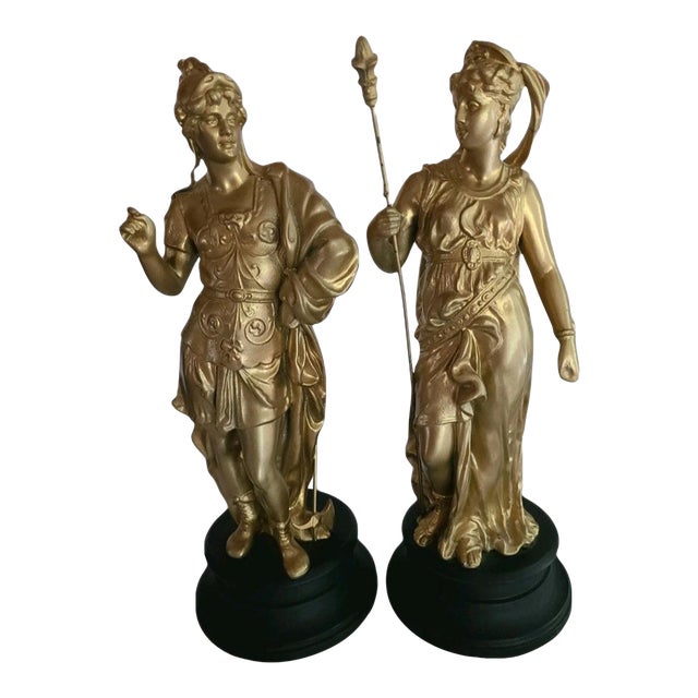 Antique 19th Century Pair of Gilded Sculptures of Mars and Minerva For Sale