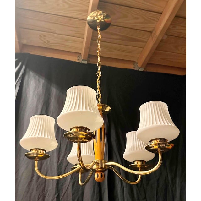 1960s Brass and Wood Midcentury Modern 5-Light Chandelier With Fluted Frosted-Glass Shades For Sale - Image 12 of 12