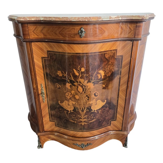 Curved Dresser in Floral Marquetry with Marble Top, 1950s For Sale