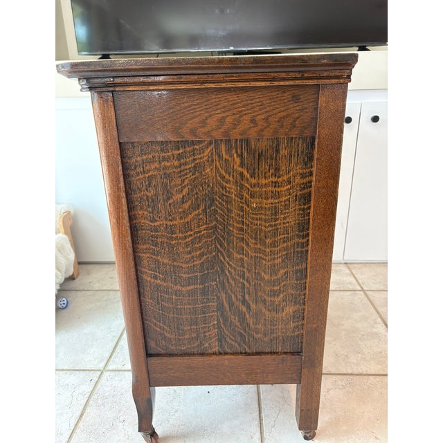 Brown Grandmillennial Antique Tiger Oak Wood Cabinet Dresser W/ Removable Towel Bar For Sale - Image 8 of 13