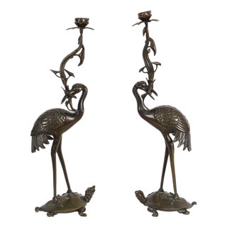 Antique Japanese Bronze Pricket Candlesticks, 19th Century, Set of 2 For Sale
