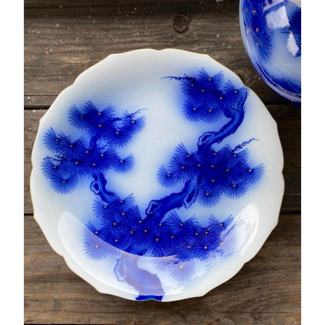Japanese Mid 20th Century Koransha Japanese Cobalt Blue Pine Tree Porcelain Charger For Sale - Image 3 of 10