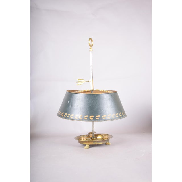 Gold Brass Bouillotte Candle Lamp with Green Tole Shade and Paw Feet, 1950s For Sale - Image 8 of 11