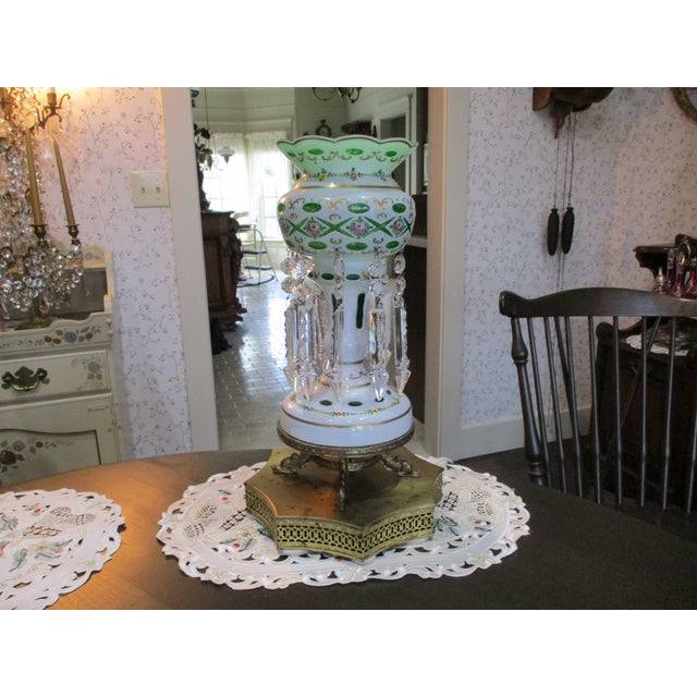 American Antique Moser Bohemian Czech Cut to Green Enamel Serpent Feet Luster Lamp W./ 10 Large Prisms For Sale - Image 3 of 11