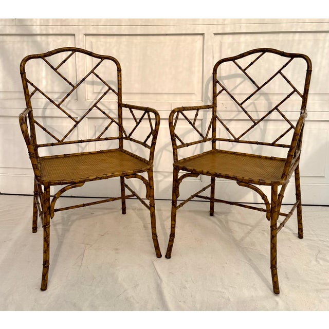 Metal Pair of Mid-20th Century Faux Bamboo Metal Indoor/Outdoor Armchairs With Burnt Bamboo Tortoiseshell Finish For Sale - Image 7 of 16