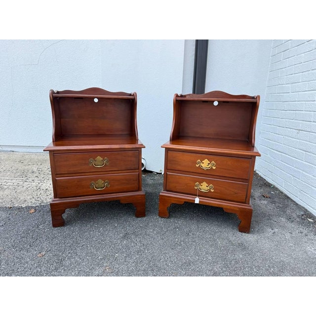Pair of Chippendale Style Solid Cherry Wood Step-Back Nightstand by Henkel Harris Solid wood frame, brass hardware,...