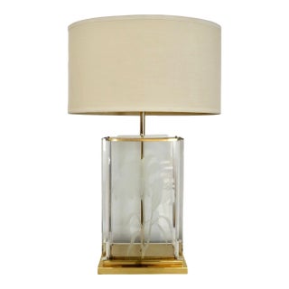 1980’s Hollywood Regency Etched Glass, Brass, & Lucite Table Lamp by Fredrick Ramond For Sale