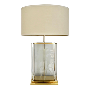 1980’s Hollywood Regency Etched Glass, Brass, & Lucite Table Lamp by Fredrick Ramond