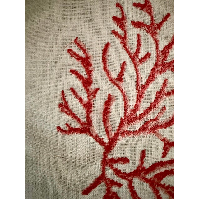 Exquisite off white linen with piping coral branch embroidered decorative pillow. New feather insert. Zipper closure.