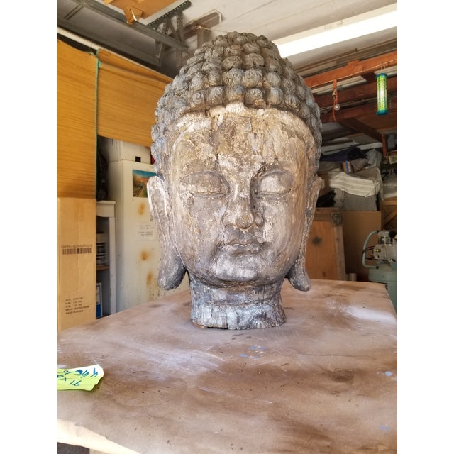 Antique Wood Carved Buddha Head For Sale In Los Angeles - Image 6 of 9