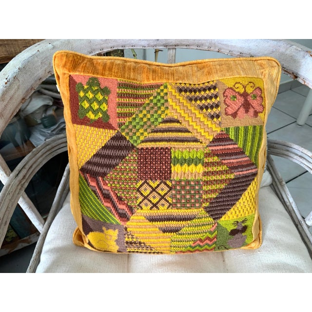 Vintage Handmade Bargello Needlepoint Embroidered Decor Pillow 14” X 14” Wool Yarn Back to Velvet Mustard Green Bronze For Sale - Image 4 of 12