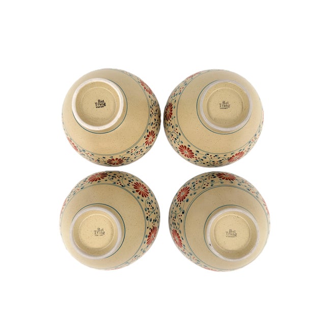 Asian Modern Bat Trang Vietnamese Pho Bowls or Ramen Bowls Hand Painted With Floral and Vine Pattern - Set of 4 For Sale - Image 9 of 9