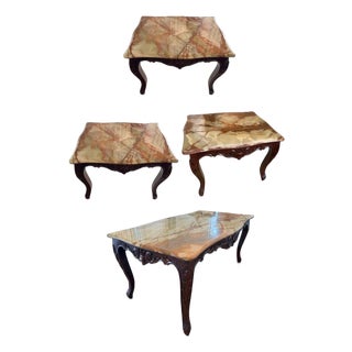 1970s Italian Vintage 4p Hand Carved Wood Onyx Top Coffee Table Side Accent Set For Sale