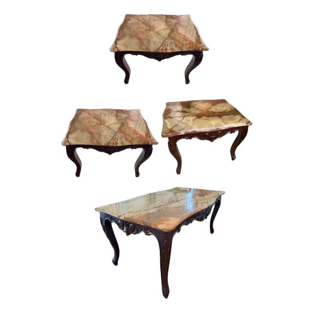 1970s Italian Vintage 4p Hand Carved Wood Onyx Top Coffee Table Side Accent Set For Sale