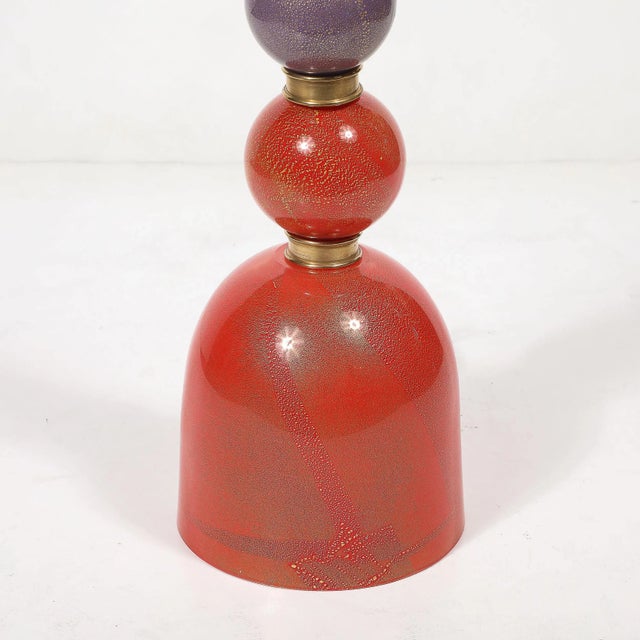 Mid-Century Hand-Blown Coral Red & Lilac Murano Glass Stacked Ball Table Lamps For Sale - Image 11 of 12