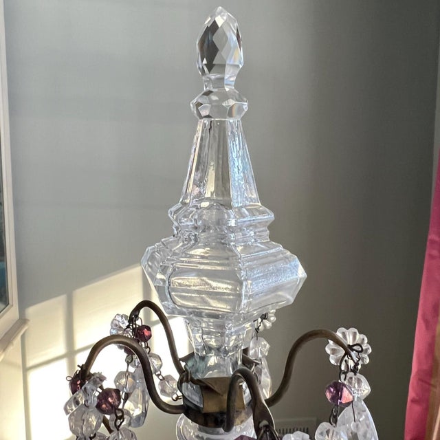 Glass 1920s Beautiful 5-arm French Girandole crystal candelabra with purple accents // table chandelier // brass and crystal candle holder // amethyst For Sale - Image 7 of 12
