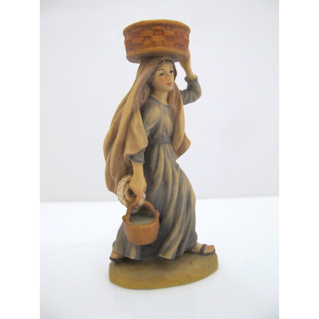 Mid 20th Century Anri Italy Ulrich Bernardi Wood Shepardess With Fruit Basket Nativity Figurine For Sale - Image 5 of 7