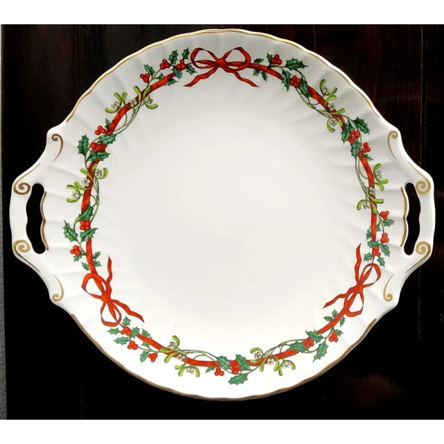 Metal Royal Worcester "Holly Ribbons" Fine Bone China Twin Handled Cake Plate For Sale - Image 7 of 9