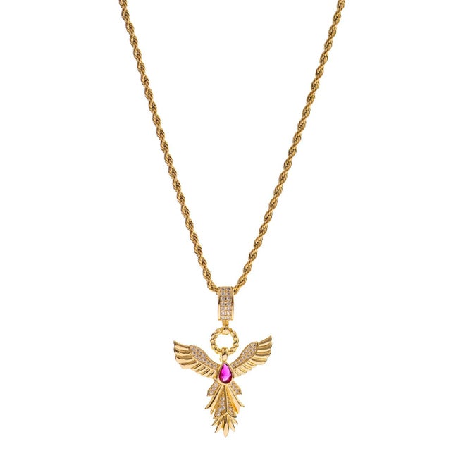 Phoenix Rising Ruby Gold Pendant Necklace For Sale - Image 9 of 9