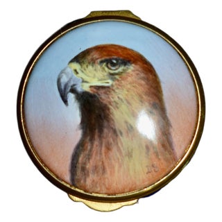 VTg. Ashley Enamel's Trinket Box Hand Painted Kestrel Hawk Bird of Prey Blue For Sale