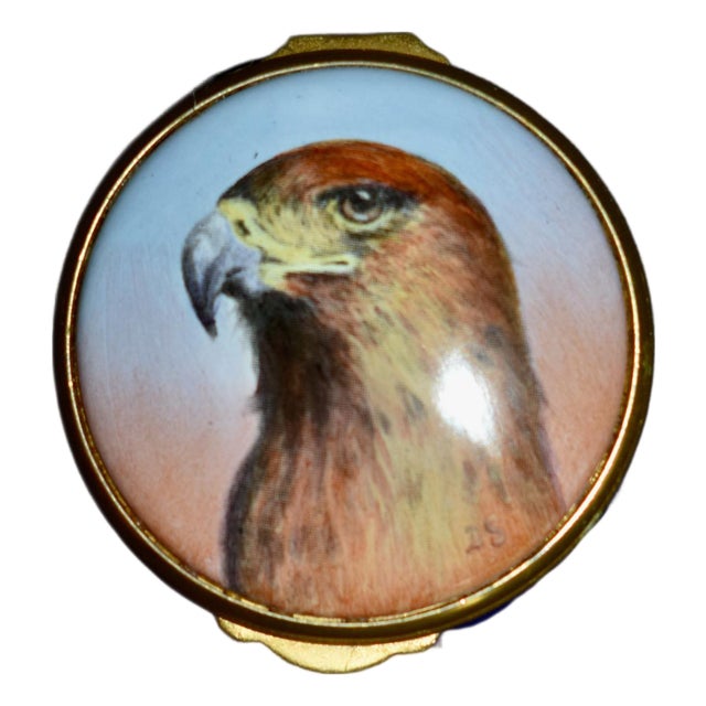 VTg. Ashley Enamel's Trinket Box Hand Painted Kestrel Hawk Bird of Prey Blue For Sale