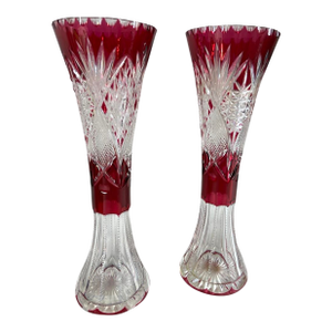 Early 20thC Bohemian Red Cut Crystal Vases - Pair