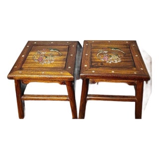 Pair of Vintage Chinese Hardwood Inlaid Mother-of-Pearl Bird & Flower Stools - 11.35 LBS For Sale